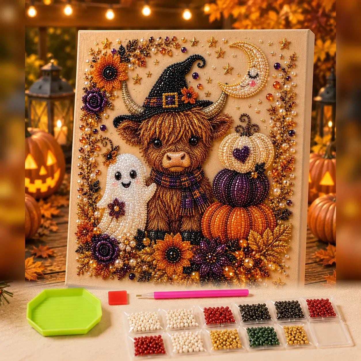 Small No-Light Cute Ghost 8in × 8in Themed Pearl 3D Diamond Painting DIY Kit, Multi-Purpose Autumn Craft Set, Beautiful Mural Decoration Accessory for Home Interior Decor and Holiday Party Gifts