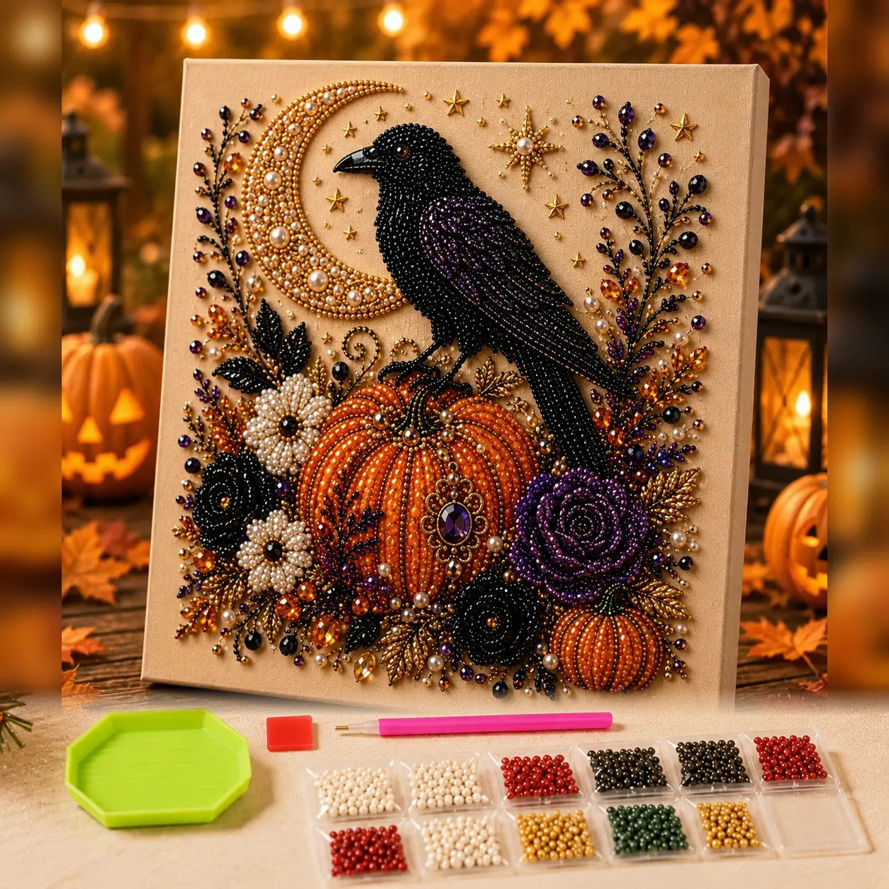 Small No-Light Cute Ghost 8in × 8in Themed Pearl 3D Diamond Painting DIY Kit, Multi-Purpose Autumn Craft Set, Beautiful Mural Decoration Accessory for Home Interior Decor and Holiday Party Gifts