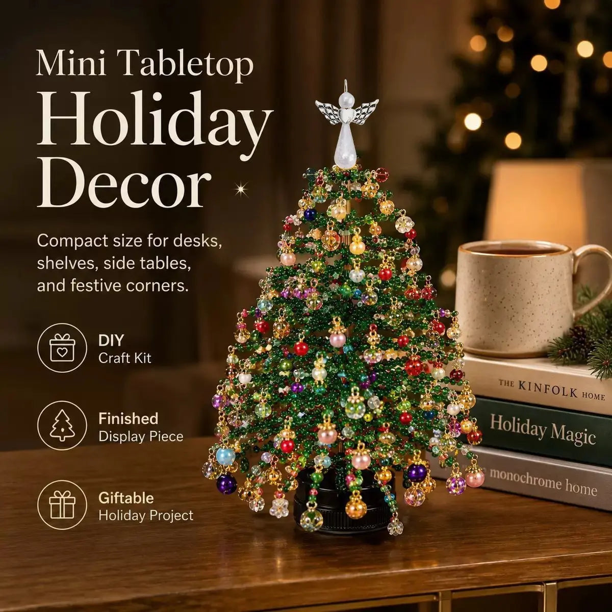 DIY Beaded Christmas Tree Kit, Hand‑made Mini Crystal Bead Christmas Tree Craft Kit, Complete Christmas Decorating Supplies, Beads, Angel Tree Topper, Base and Accessories, Tabletop Holiday Decoration