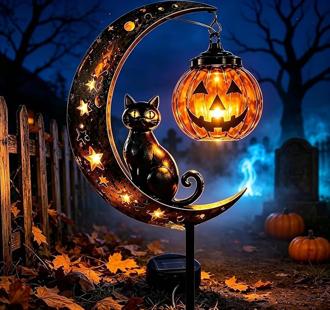 Solar Halloween Black Cat & Pumpkin Moon Garden Stake Light, 2026 New Solar Pumpkins Lantern Outdoor Halloween Yard Decor for Garden, Patio, Lawn, Walkway
