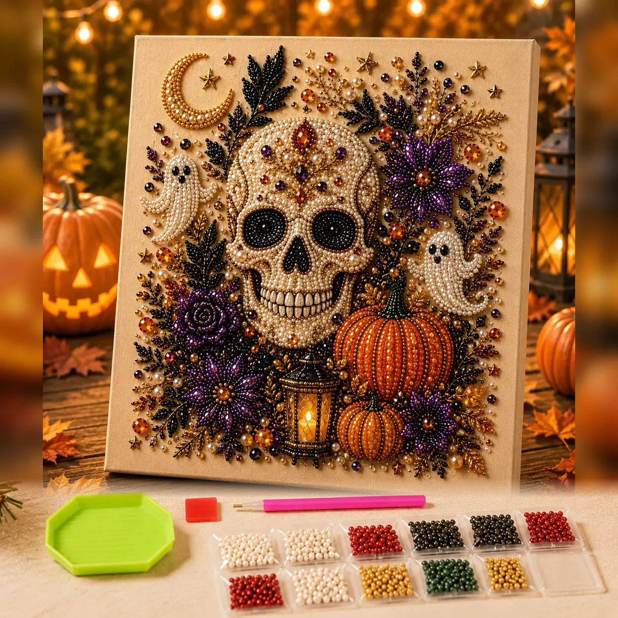Small No-Light Cute Ghost 8in × 8in Themed Pearl 3D Diamond Painting DIY Kit, Multi-Purpose Autumn Craft Set, Beautiful Mural Decoration Accessory for Home Interior Decor and Holiday Party Gifts
