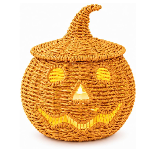2026 New‑Style Halloween Black Pumpkin Lantern Decorations, Hand‑Woven Wicker Pumpkin Lanterns with LED Candles, for Porch Baskets, Tables, Fireplaces, Indoor and Outdoor Use