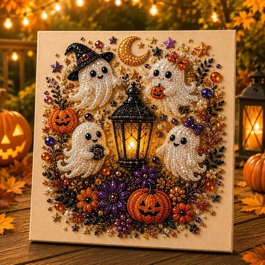 Small Size No light Spooky Cute Ghost 8inx8in Themed Pearl 3D Diamond Painting DIY Kit, Multipurpose Fall Season Handicraft Set, Beautiful Wall Art Furnishing Accessory for Household Indoor Decoration & Holiday Party Present